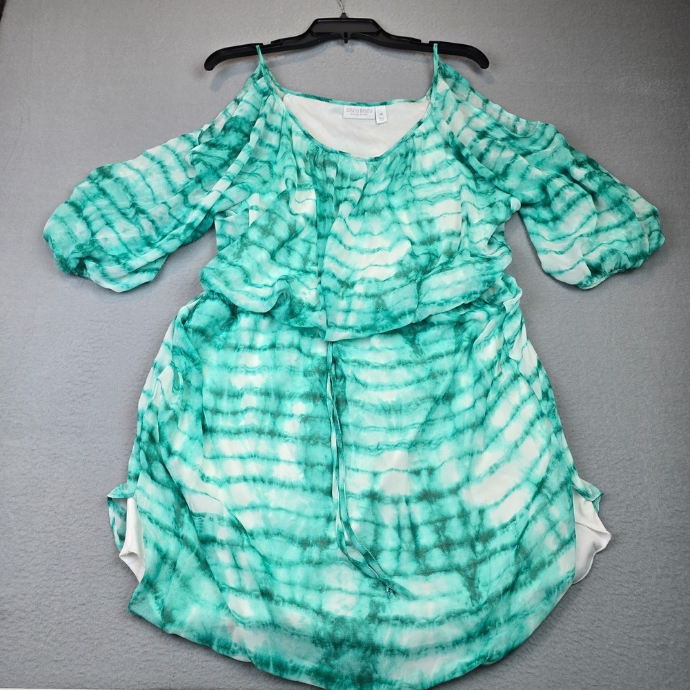 Boho Flowy Green Tie Dye Cold Shoulder Tunic Blouse Bisou Bisou Women Size 14